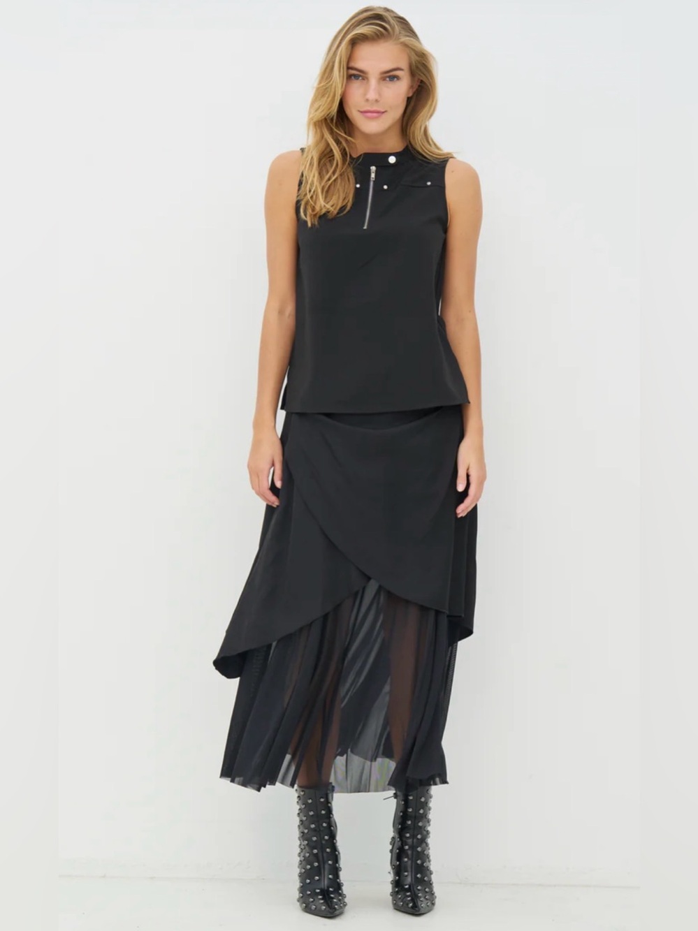 Black Layered Sheer Hem Midi Skirt - Women's